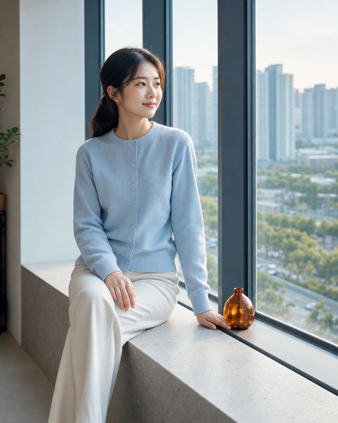 분당의 도시 창가에서 바깥을 바라보는 20대 한국인 성인 여성